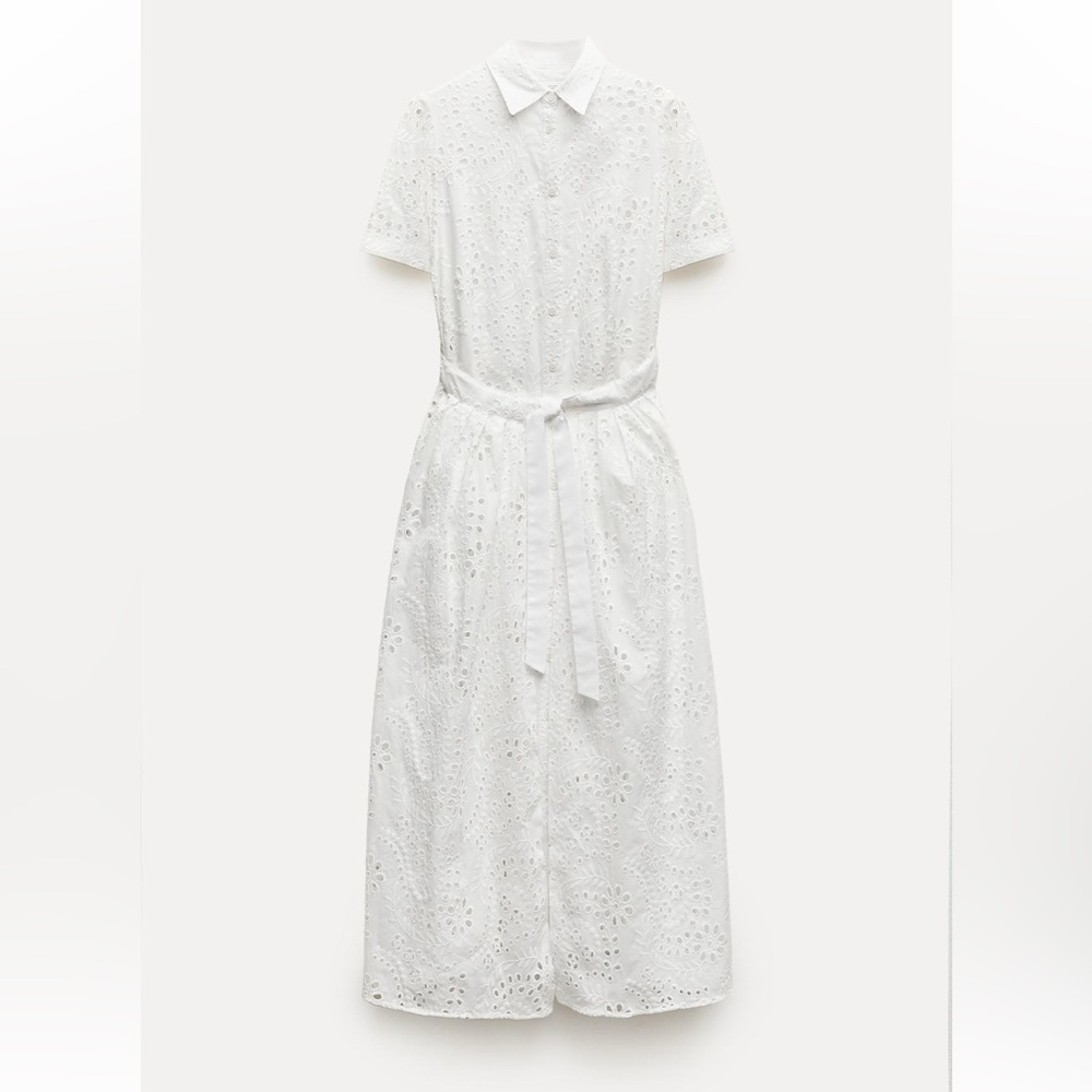 Zara White Eyelet Maxi Shirt Dress